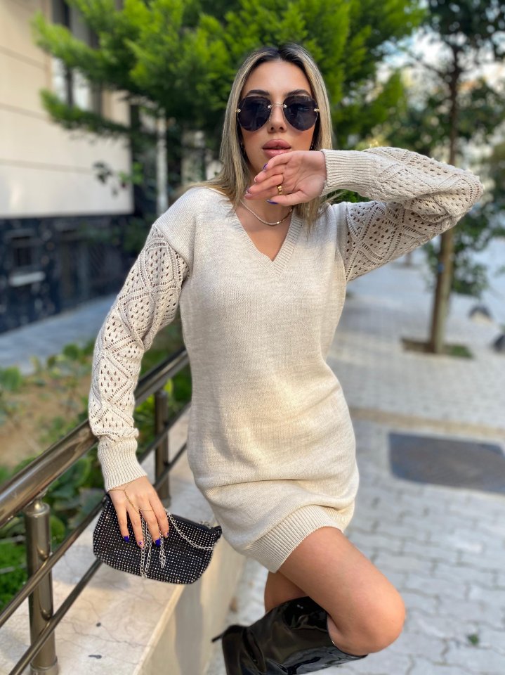 Kadın Uzun Kollu V Yakalı Mini Triko Elbise - Görsel 3