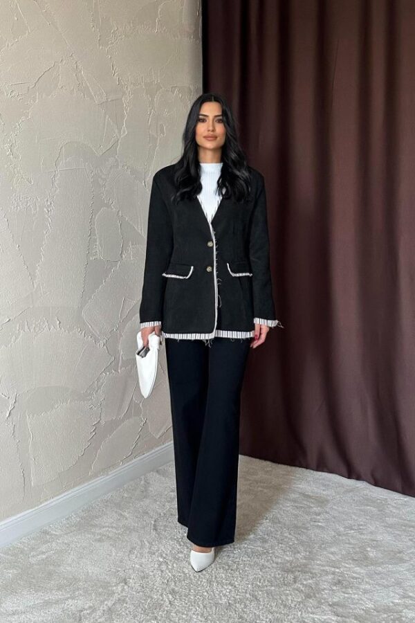 Bej Çizgili Astarlı Garnili Süet Ceket