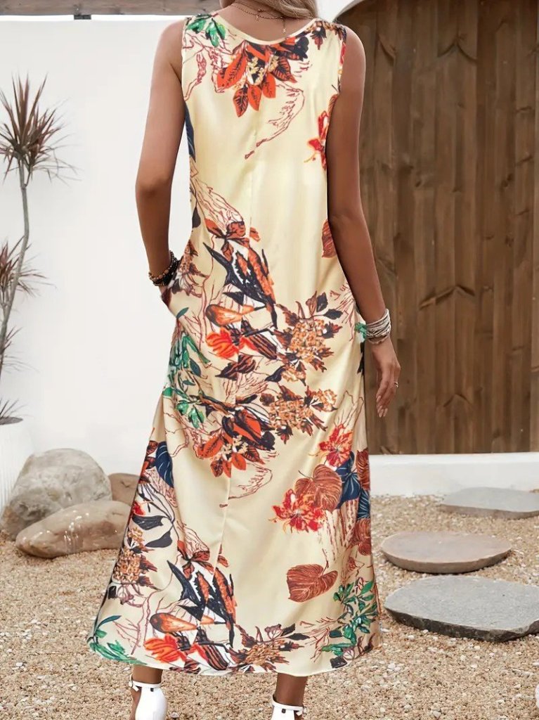 Kadın Askılı Yuvarlak Yaka Cepli Desenli Süprem Elbise - Görsel 3