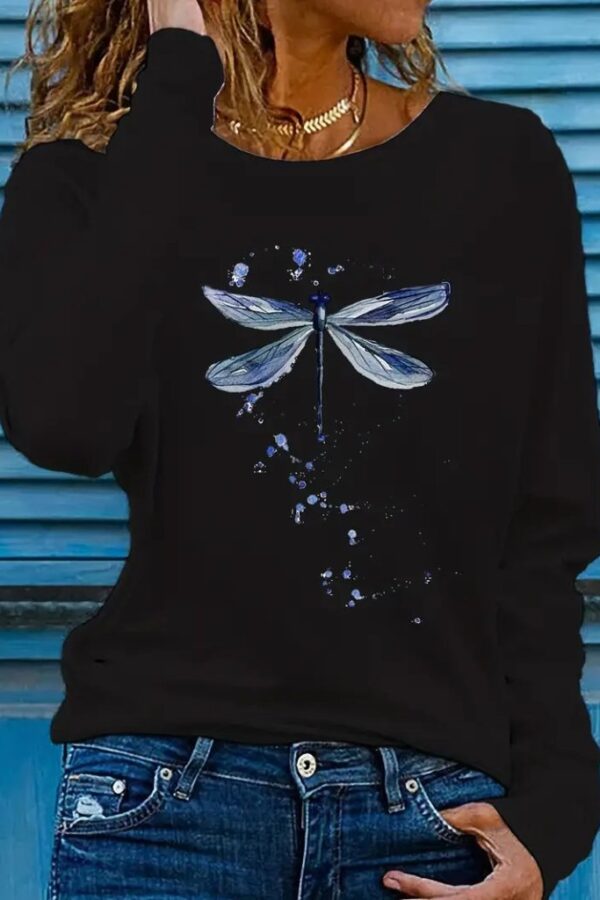 Kadın Uzun Kollu Bisiklet Yaka Kelebek Desenli Viskon Bluz