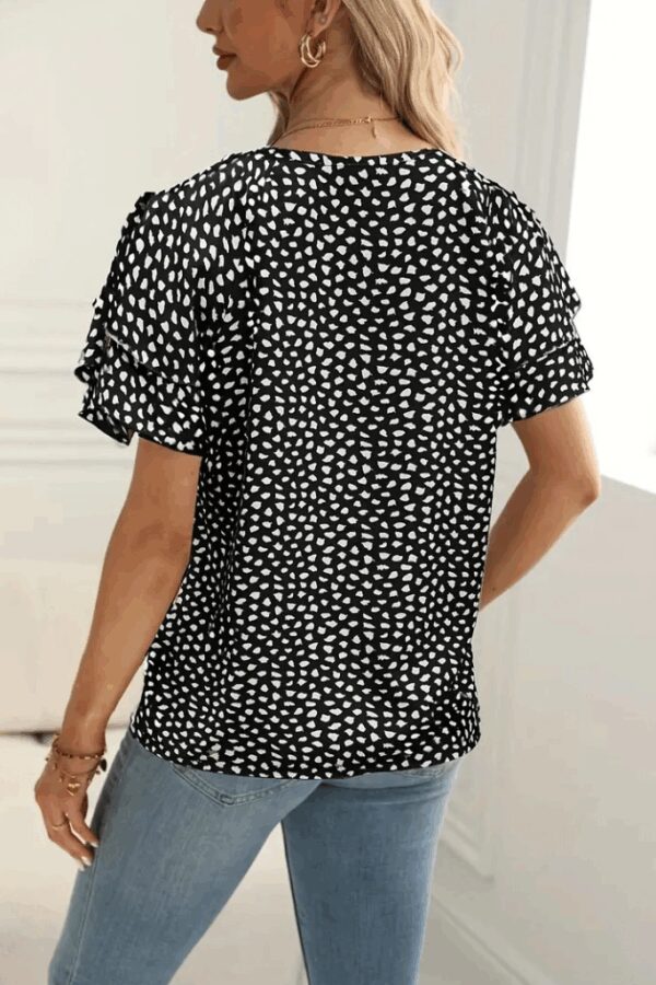 Kadın Kısa Kollu Kolları Volanlı Baskılı Süprem Bluz