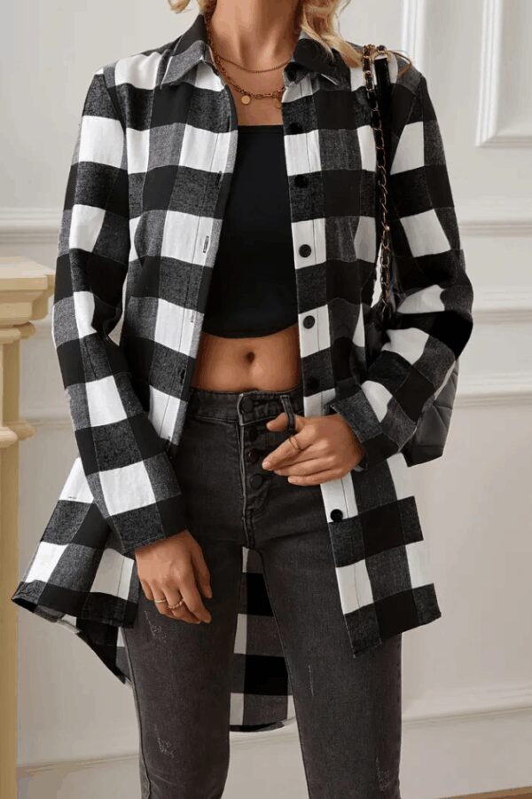 Kadın Uzun Kollu Ekoseli önden Düğmeli Dokuma Uzun Gömlek