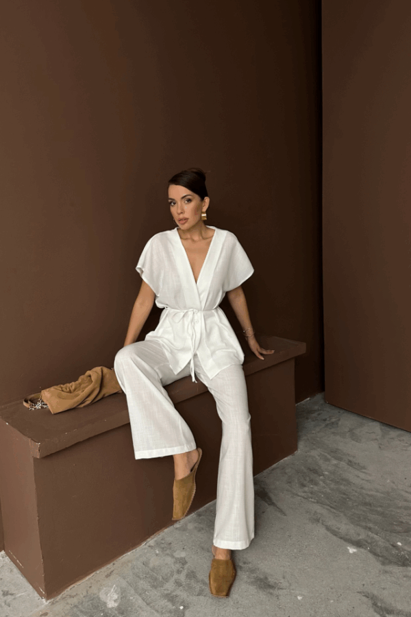 KETEN V YAKA BELDEN BAĞLAMALI BLUZ-PANTOLON TAKIM - Beyaz