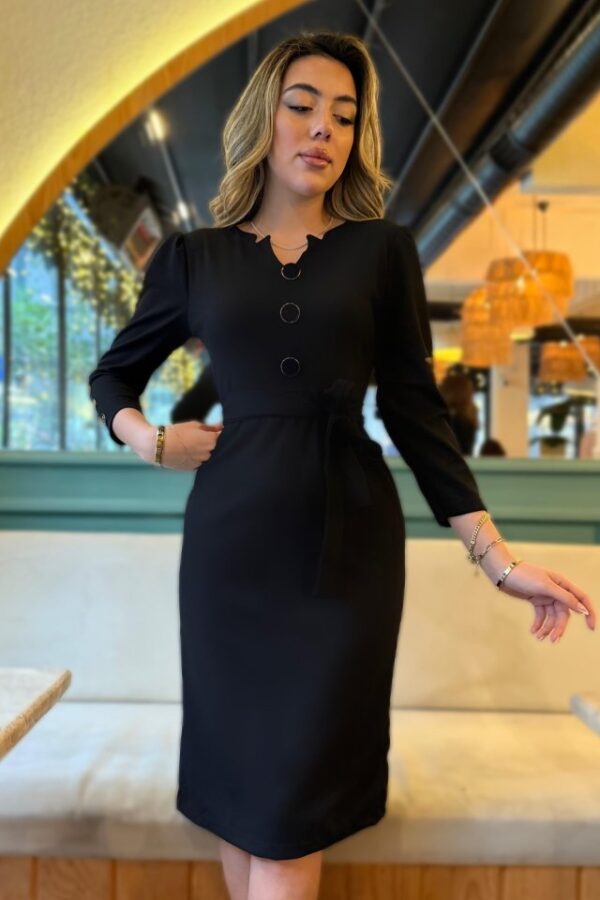 Kadın Uzun Kollu Düğme Detaylı Kendinden Kemerli Ithal Krep Elbise