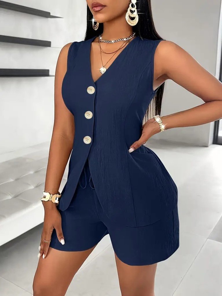 Kadın Sıfır Kollu önden Düğmeli Ithal Krep Ceket Ve Short Ikili Takım - Görsel 2