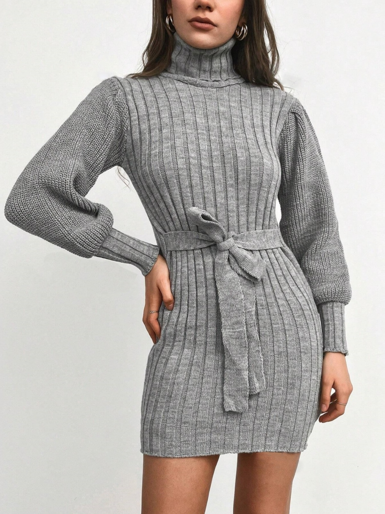 Kadın Uzun Kollu Balıkçı Yaka Beli Kuşaklı Mini Triko Elbise - Görsel 5
