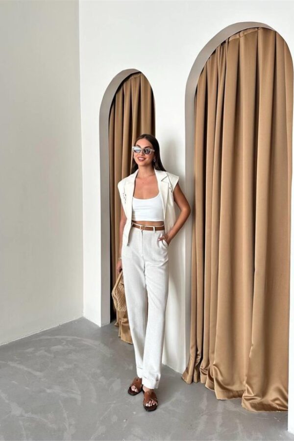 GABARDİN YELEK DANTEL DETAYLI - Ham