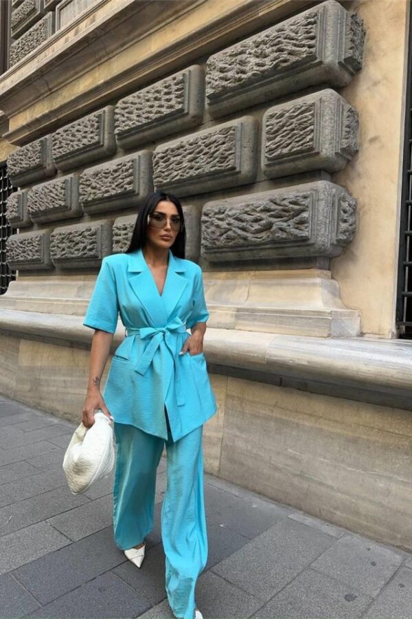 KISA KOL BAĞLAMA DETAYLI CEKET-PANTOLON TAKIM - Mavi