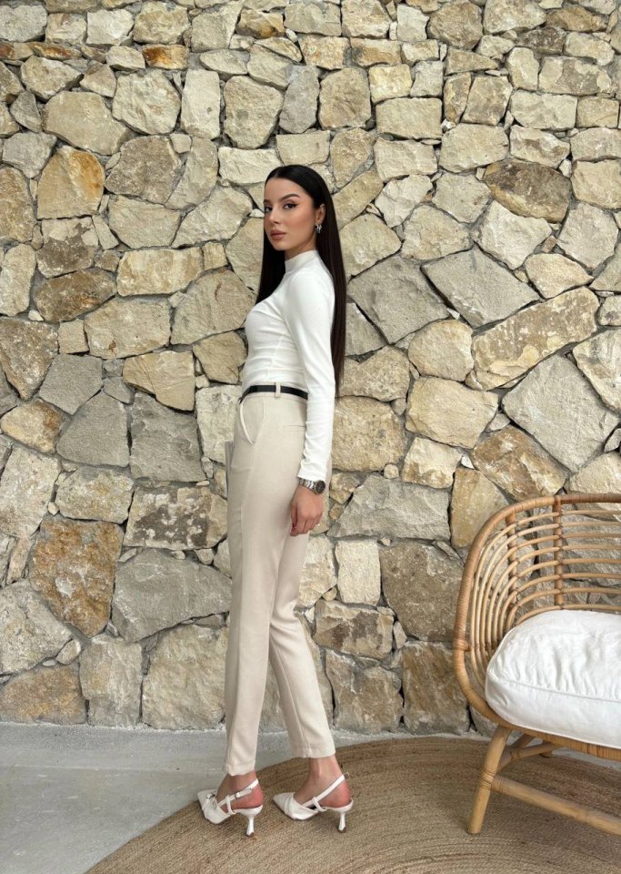 Kadın Yüksek Bel Dar Paça Kemer Dahil Kumaş Pantolon - Görsel 3