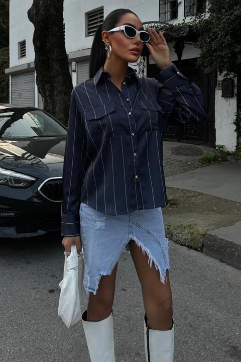 Chanel Saten Premium Çizgili Gömlek 3411