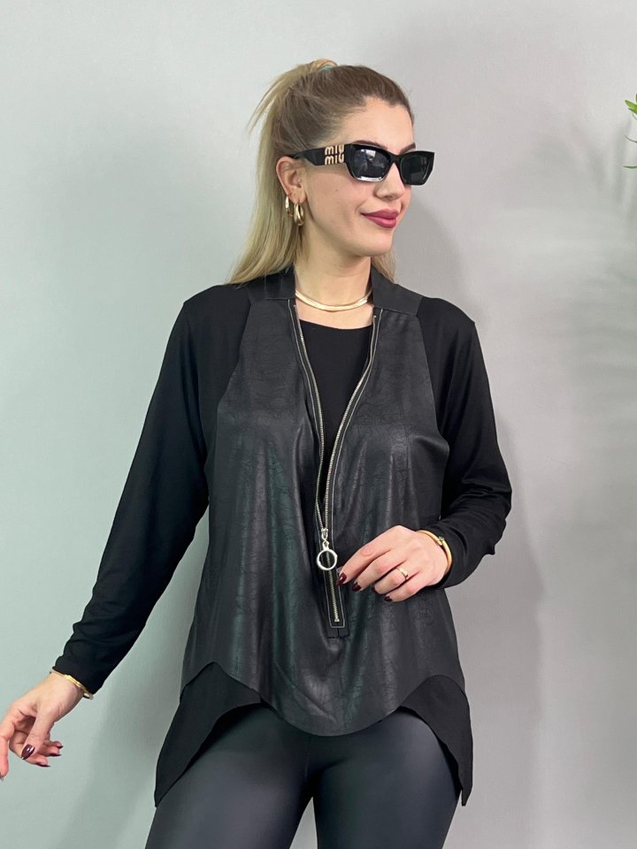 Kadın Uzun Kol Asimetrik Kesim Viskon Bluz Ve çatlak Deri Görünümlü Fermuar Detaylı Yelek Ikili Takım - Görsel 9