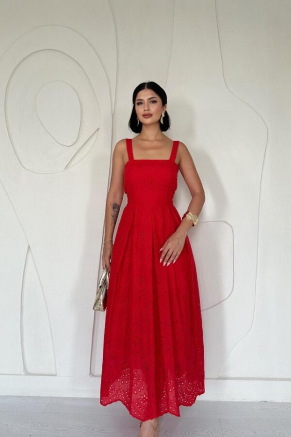 Yağ Yeşili Askılı Aparatlı Brode Elbise