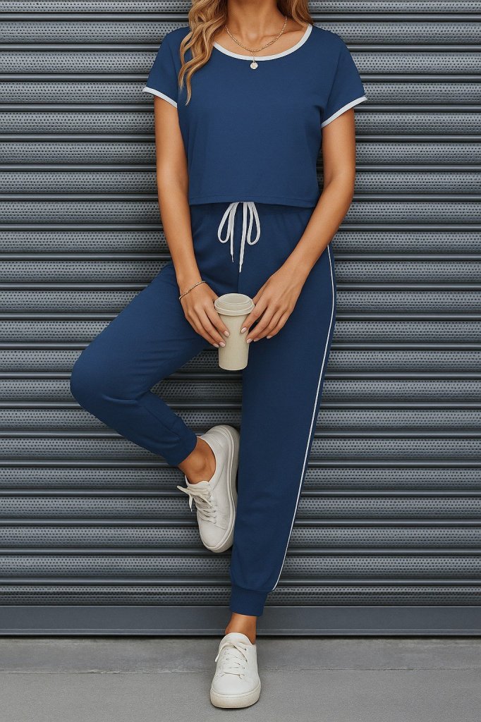 Kadın Kısa Kollu Kayık Yaka Viskon Iki Iplik Bluz Ve Bağcıklı Pantolon Ikili Takım - Görsel 5