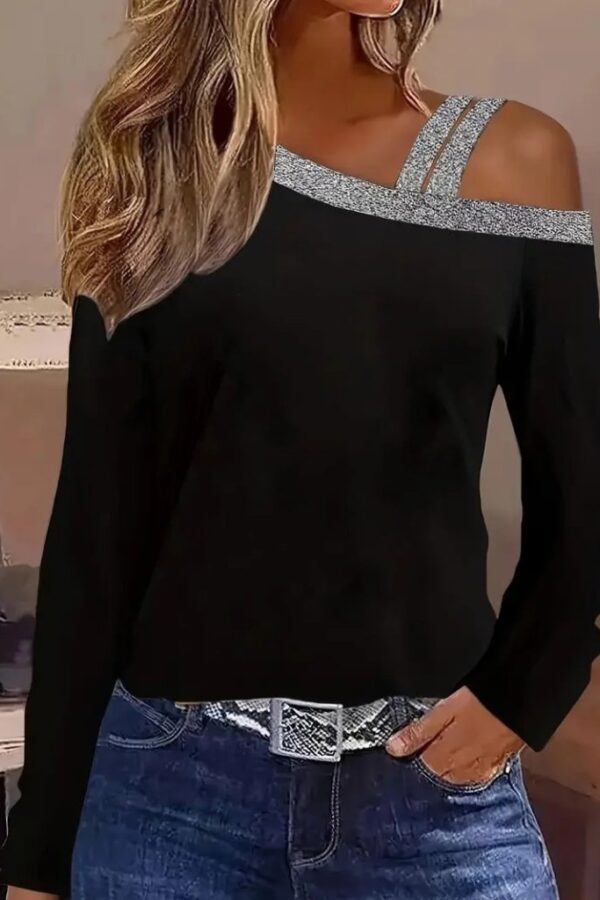 Kadın Uzun Kollu Omuzdan Askılı Sim Detaylı Viskon Iki Iplik Bluz