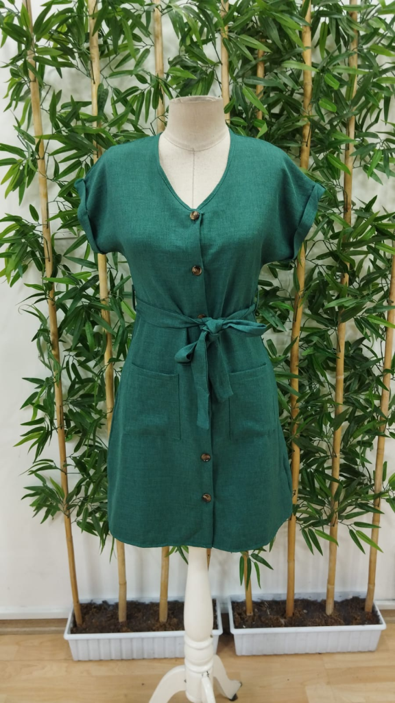 Kadın Kısa Kollu V Yakalı önden Düğmeli Belden Kuşaklı Cepli Sofya Elbise - Görsel 14