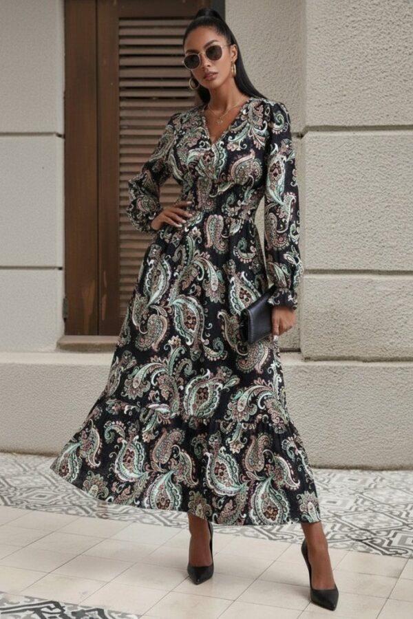 Kadın Uzun Kollu Kruvaze Yaka Beli Lastikli Uzun Desenli Maxi Elbise