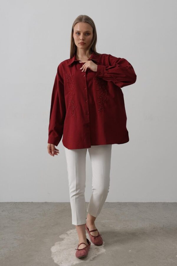 Boncuk Nakış Detaylı Uzun Gömlek - Beyaz