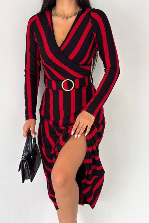 Kadın Akrilik Kumaş Kruvaze Yaka Kemerli Uzun Kollu çizgili Midi Boy Elbise