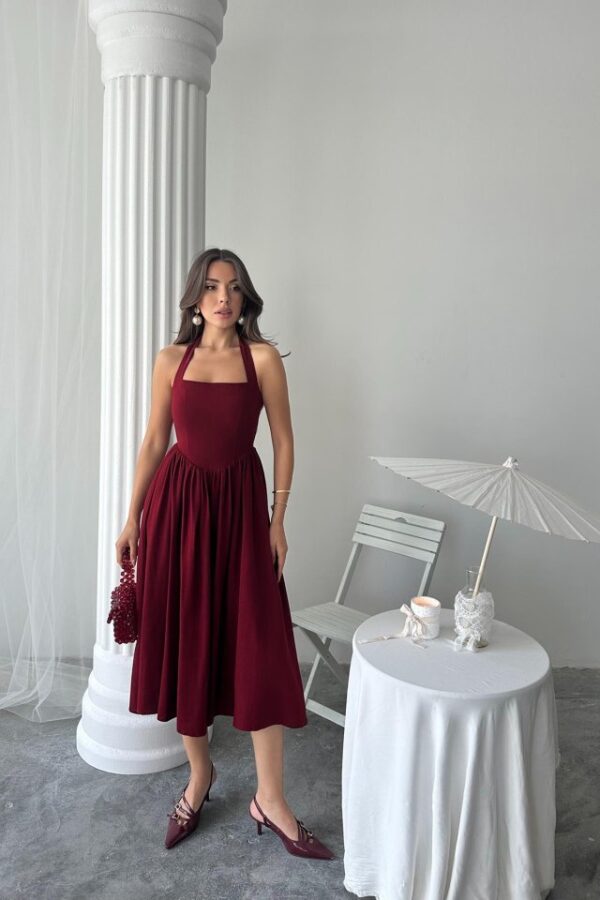 Yeşil Boyundan Bağlamalı Keten Elbise