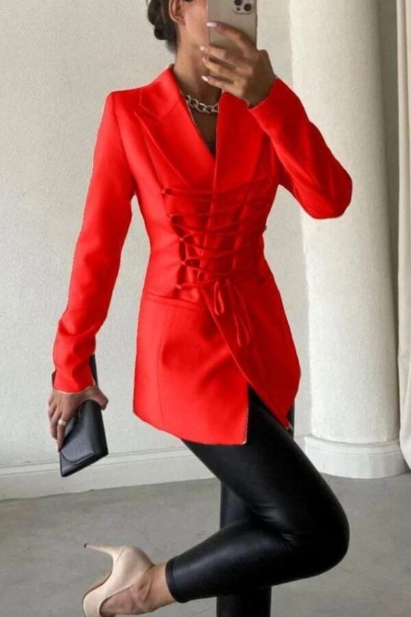 Kadın Manşet Yaka Cep Ve Bağcık Detay Uzun Ceket