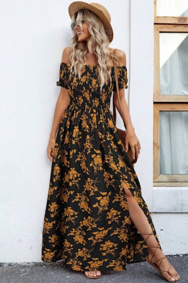 Kadın Kısa Kollu Madonna Yaka Yırtmaçlı çiçek Desenli Süprem Elbise