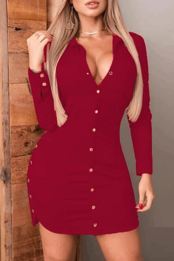 Kadın Uzun Kollu Polo Yaka ön Kısım çıtçıtlı Düğme Detay Scuba Krep Mini Boy Elbise