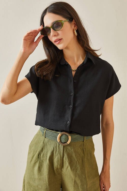Kadın Keten Kumaş Kısa Kollu Gömlek