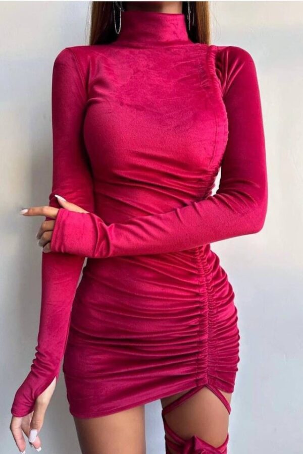 Kadın Uzun Kollu Balıkçı Yaka Büzgü Ve Gül Detay Kadife Kumaş Mini Elbise
