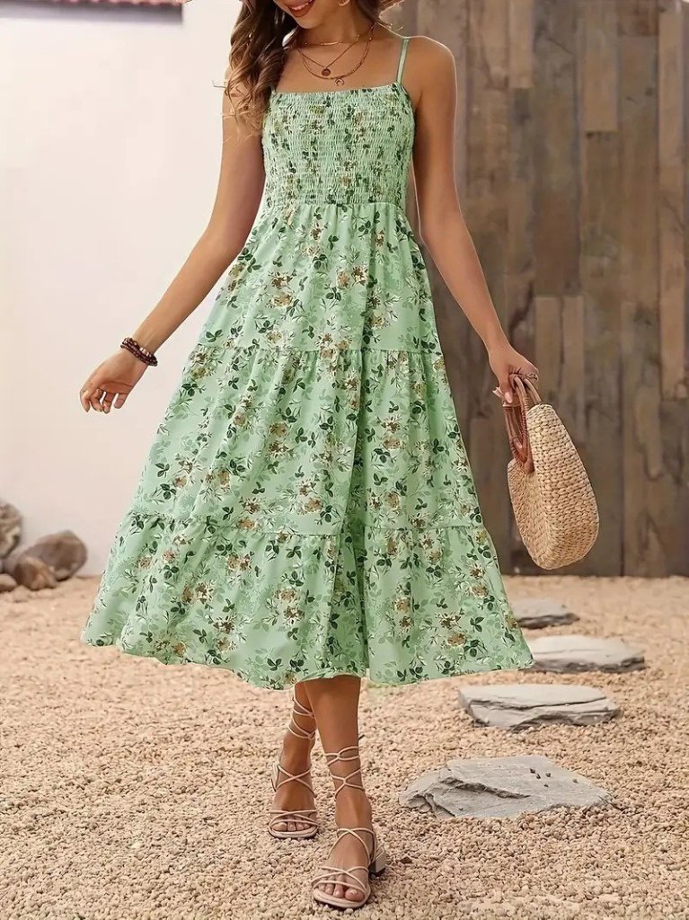 Kadın Ip Askılı Geniş V Yakalı Desenli Uzun Süprem Elbise - Görsel 2