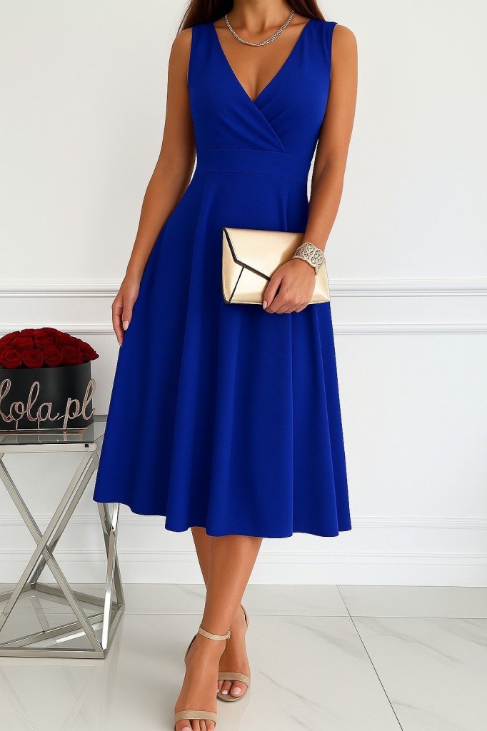 Kadın Ithal Krep Kumaş Kruvaze Yaka Eteği Kloş Kolsuz Mini Elbise - Görsel 14