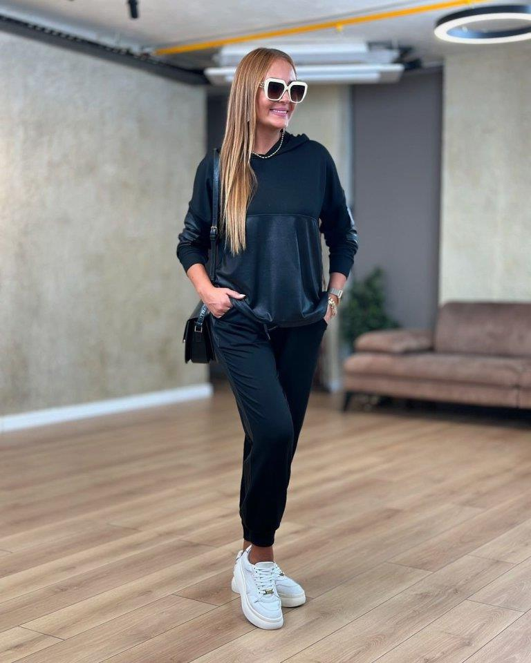 Kadın Uzun Kollu Kapşonlu Viskon Iki Iplik Bluz Ve Pantolon Ikili Takım - Görsel 11