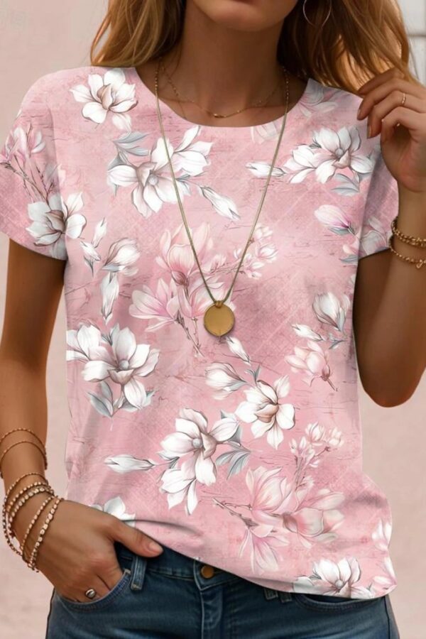 Kadın Kısa Kollu Bisiklet Yaka çiçek Desenli Viskon Bluz