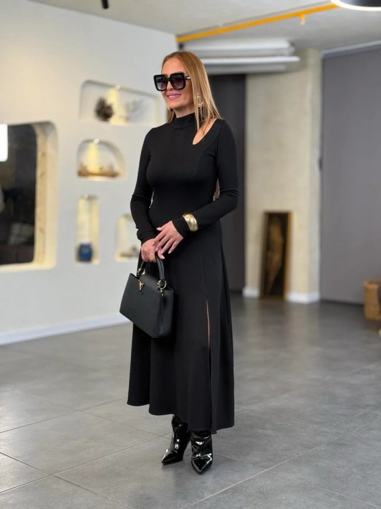 Kadın Balıkçı Yaka Damla Detaylı Yırtmaçlı Uzun Viskon Iki Iplik Maxi Elbise - Görsel 3