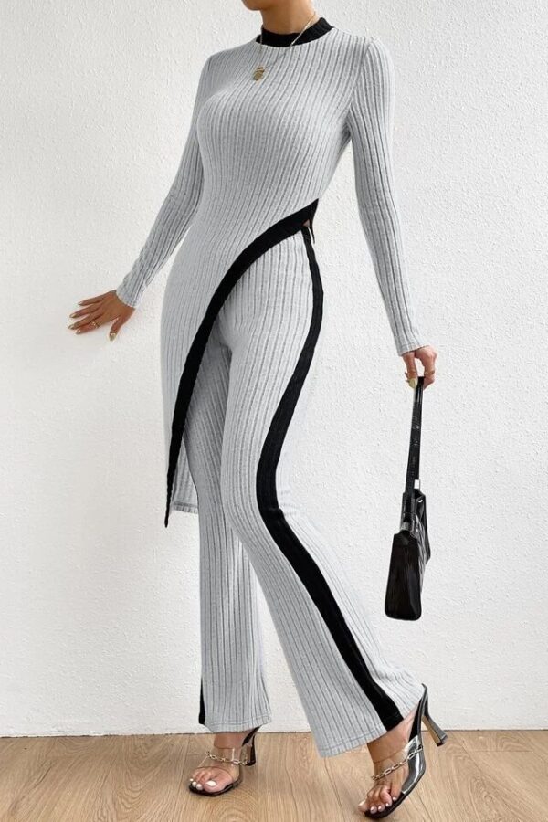 Kadın Uzun Kollu Bisiklet Yaka Asimetrik Kesim Bluz şardonlu Kaşkorse Bluz Ve Pantolon Ikili Takım