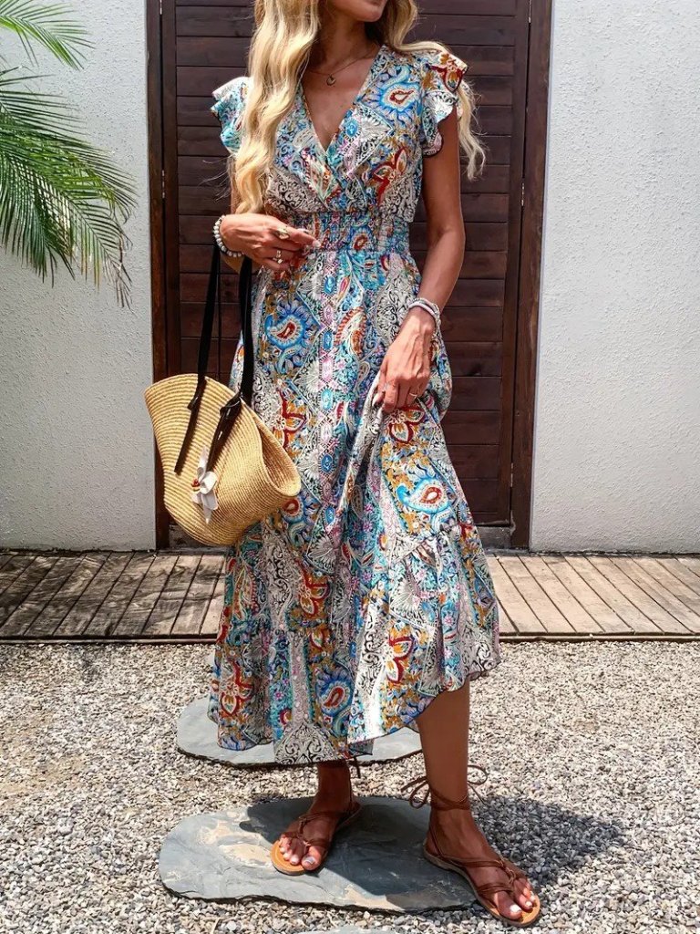 Kadın Kısa Kollu Kruvaze Yakalı Desenli Maxi Elbise - Görsel 2