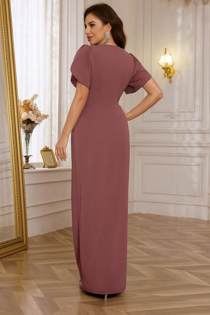 Kadın Kısa Kollu Kruvaze Yakalı Belden çiçek Aksesuarlı Yırtmaçlı Ithal Krep Elbise - Görsel 8