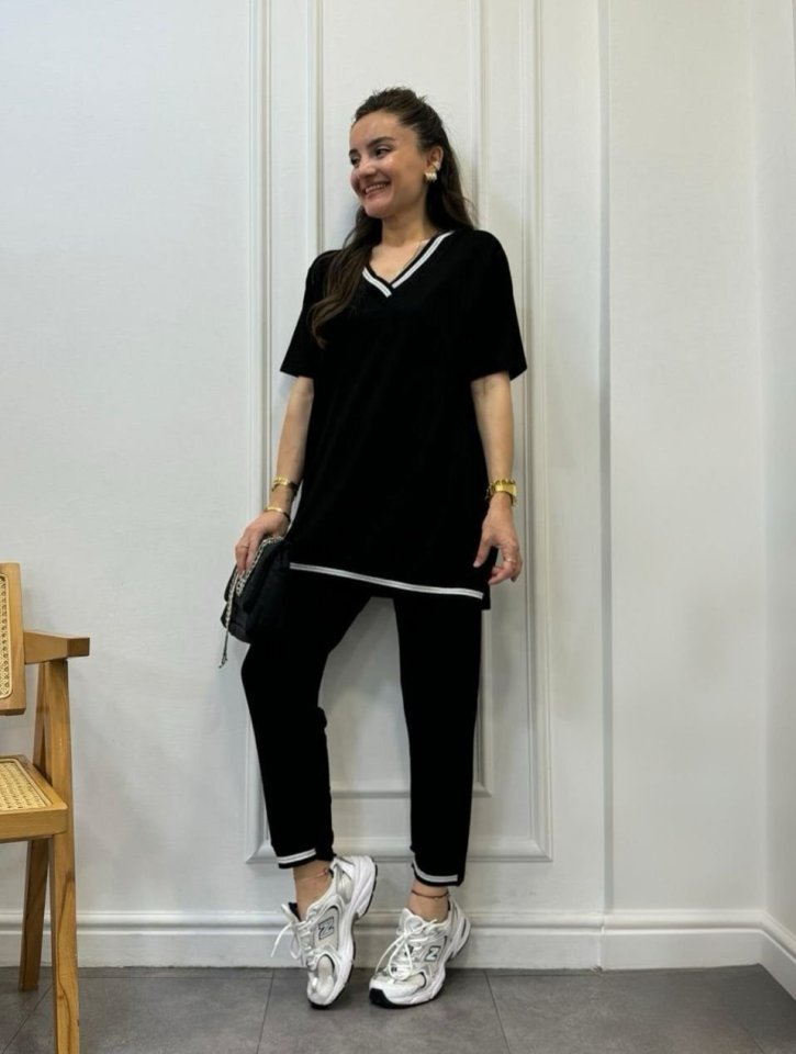 Kadın Kısa Kollu V Yakalı Iki Iplik Bluz Ve Pantolon Ikili Takım - Görsel 8