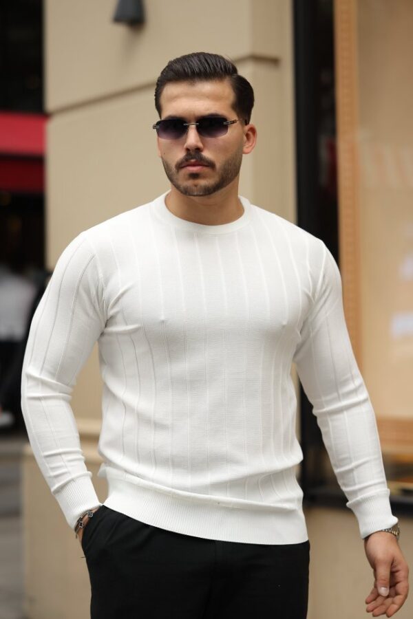 Erkek Bisiklet Yaka çizgi Kabartmalı Uzun Kollu Triko