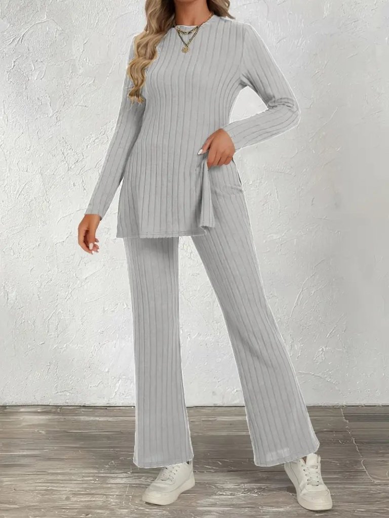 Kadın Uzun Kollu Bisiklet Yaka Yandan Yırtmaçlı şardonlu Kaşkorse Bluz Ve Pantolon Ikili Takım - Görsel 10