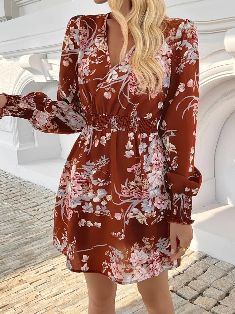 Kadın Uzun Kollu Kruvaze Yakalı çiçek Desenli Mini Süprem Elbise - Görsel 2