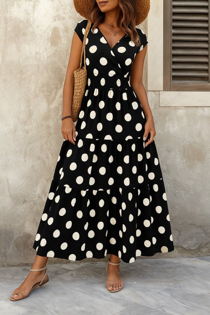 Kadın Kısa Kollu Kruvaze Yaka Beli Lastikli Süprem Maksi Boy Elbise - Görsel 23