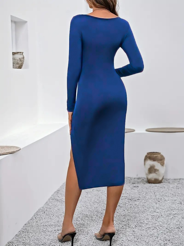 Kadın Uzun Kollu Göğüs Ve Göbek Dekolte Detay Sandy Midi Boy Elbise - Görsel 3