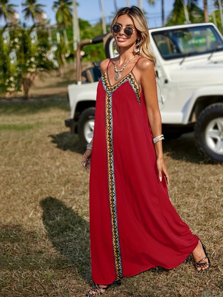 Kadın Askılı V Yakalı Etnik şerit Detaylı Uzun Viskon Elbise - Görsel 19