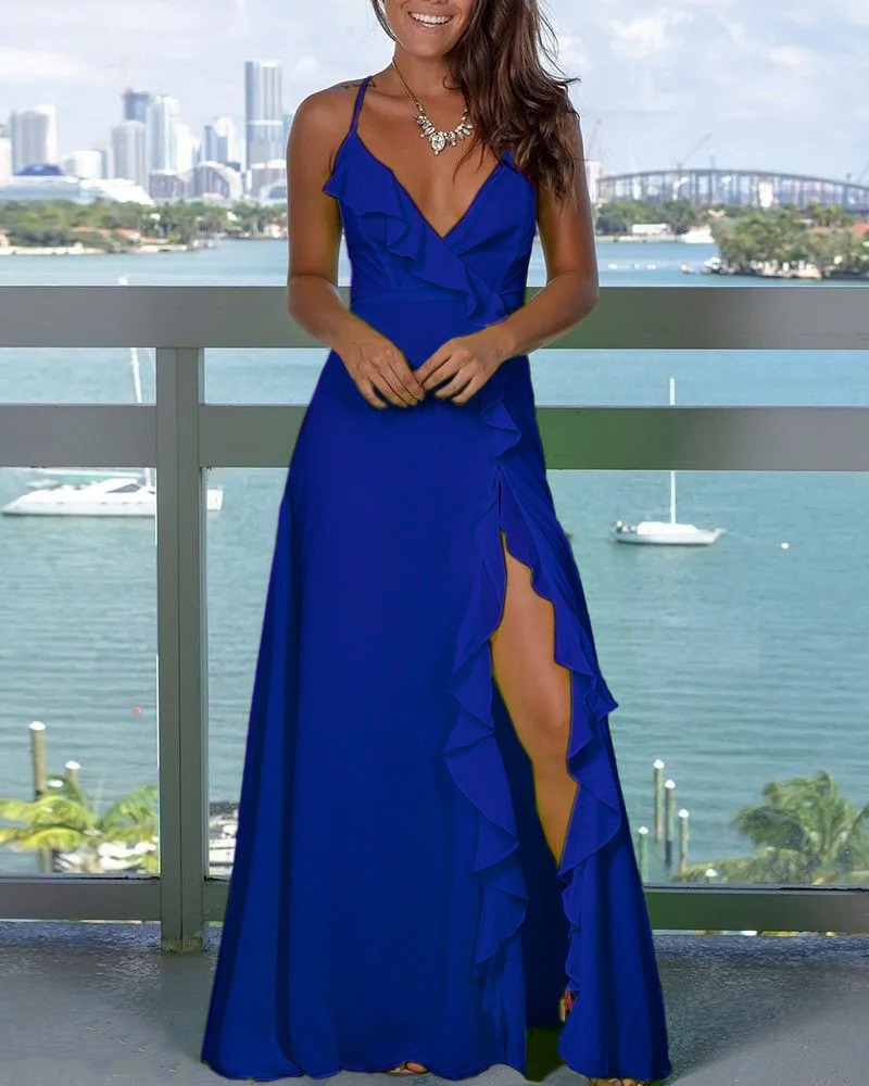 Kadın Sıfır Kol Ip Askılı Dekolteli Yırtmaç Detay Krep Elbise - Görsel 3