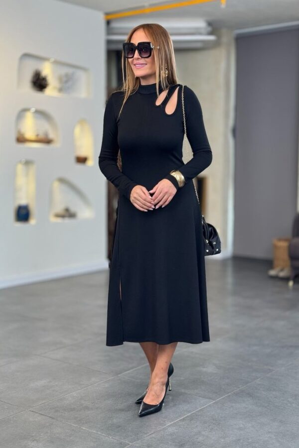 Kadın Uzun Kollu Balıkçı Yaka Omuzda Damla Detaylı Yırtmaçlı Krep Midi Elbise