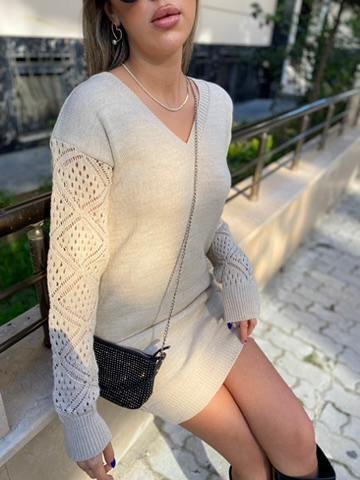 Kadın Uzun Kollu V Yakalı Mini Triko Elbise - Görsel 4