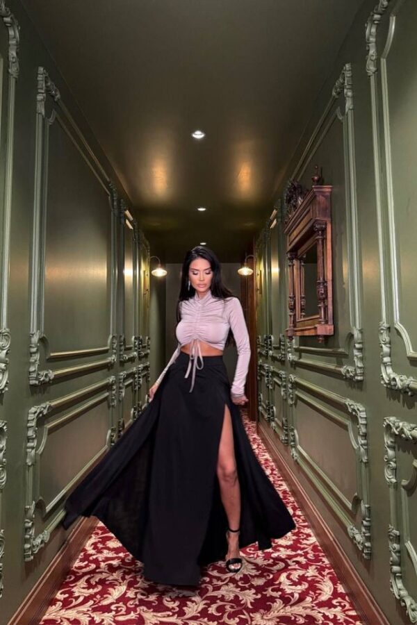 Kadın Asansör Büzgü Detay Krom Ve Derin Yırtmaçlı Maxi Boy Etek Ikili Takım