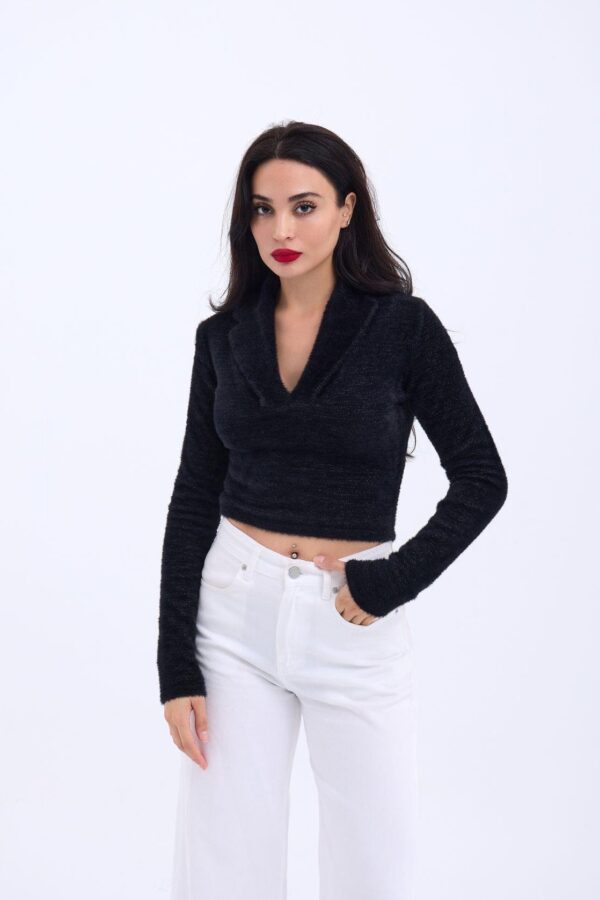 42531 TRİKO SİMLİ YAKALI CROP-TAŞ