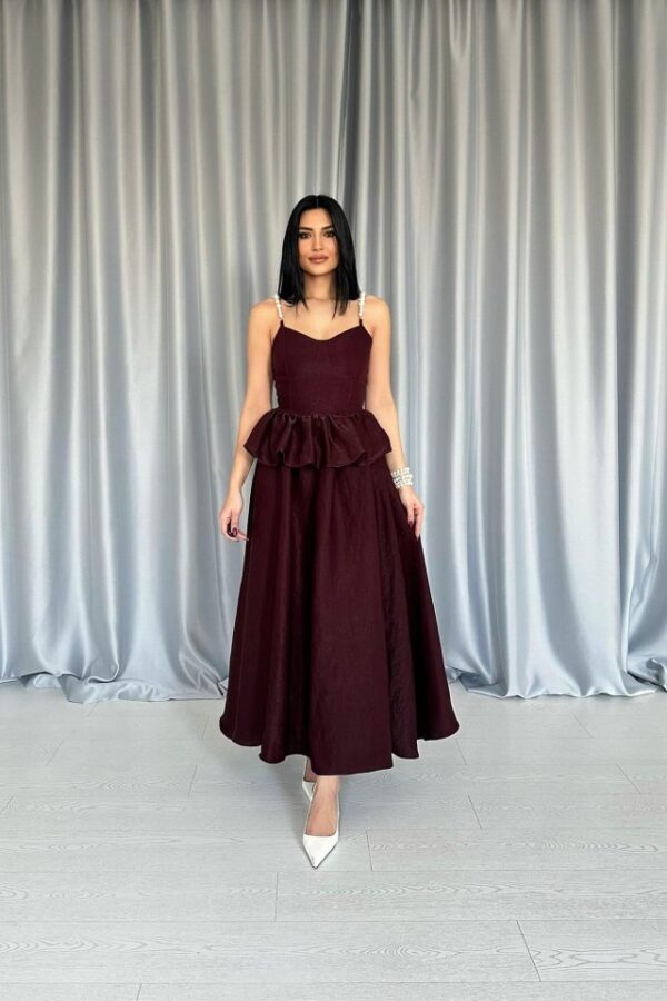 Bej Beli Büzgülü İnci Askılı Uzun Elbise