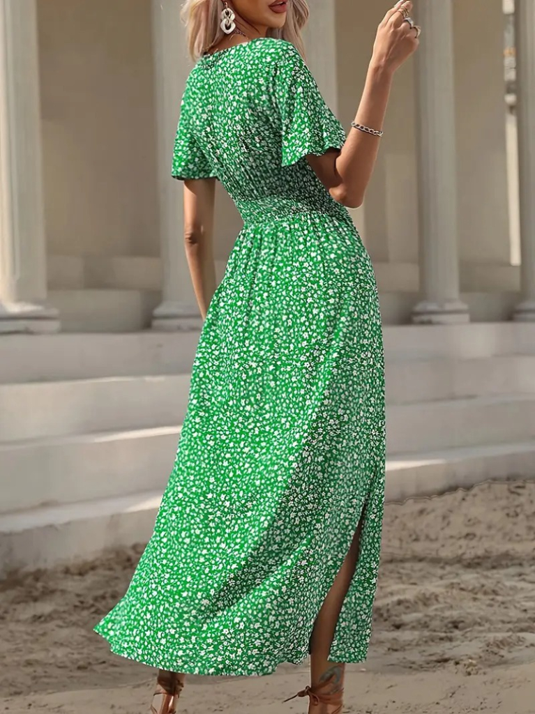 Kadın Kısa Kollu Kruvaze Yaka Beli Lastikli Yanlardan Yırtmaçlı Uzun çiçekli Elbise - Görsel 3